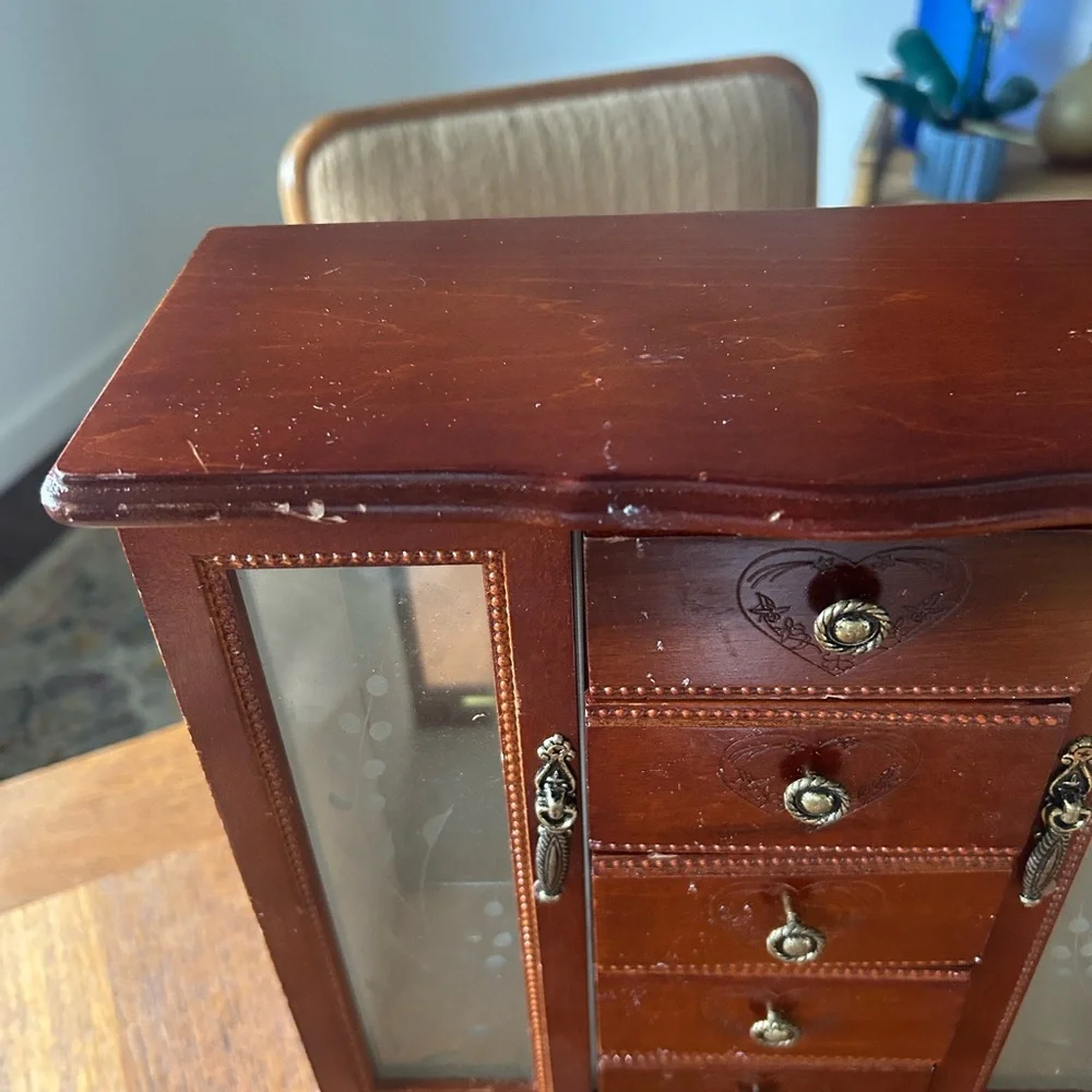 Elegant Wooden Jewelry Organizer with Glass Doors and Heart Accents